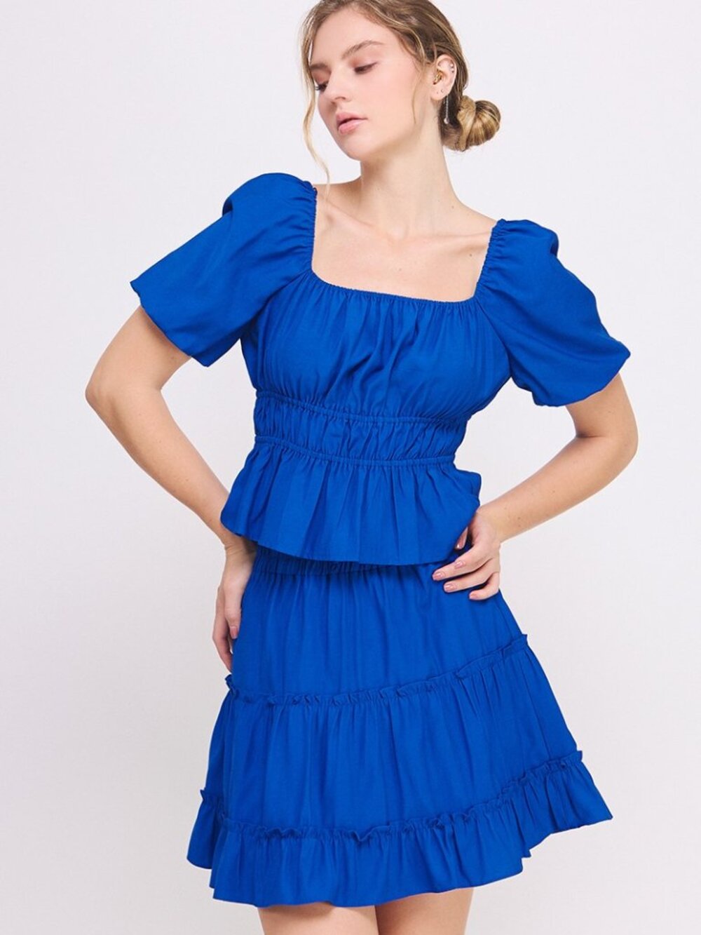B39 Elegant Puff Sleeve Smocked Top & Tiered Skirt Set in Blue NEW